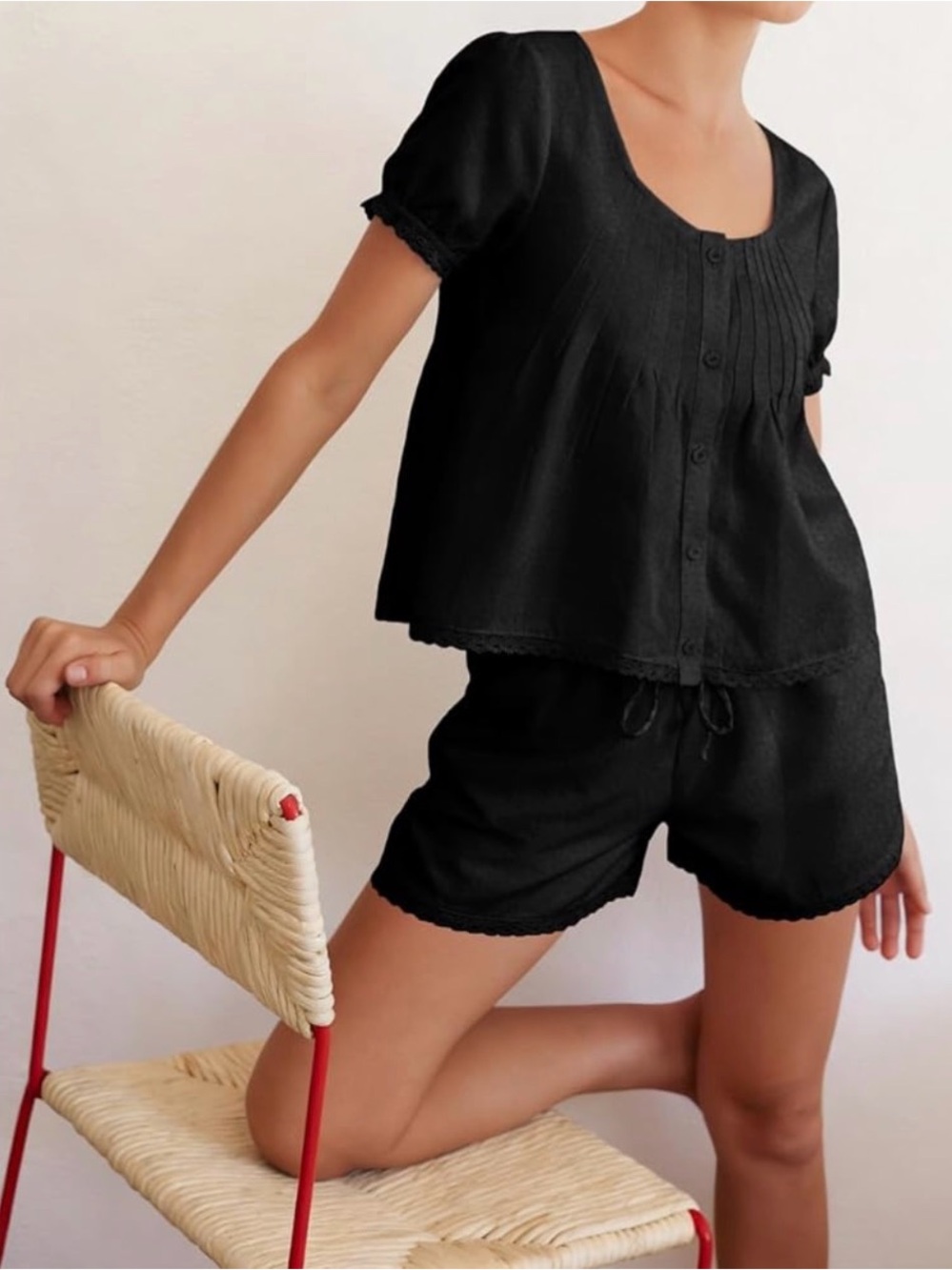 Black Short Sleeve Button-Down Lounge Set